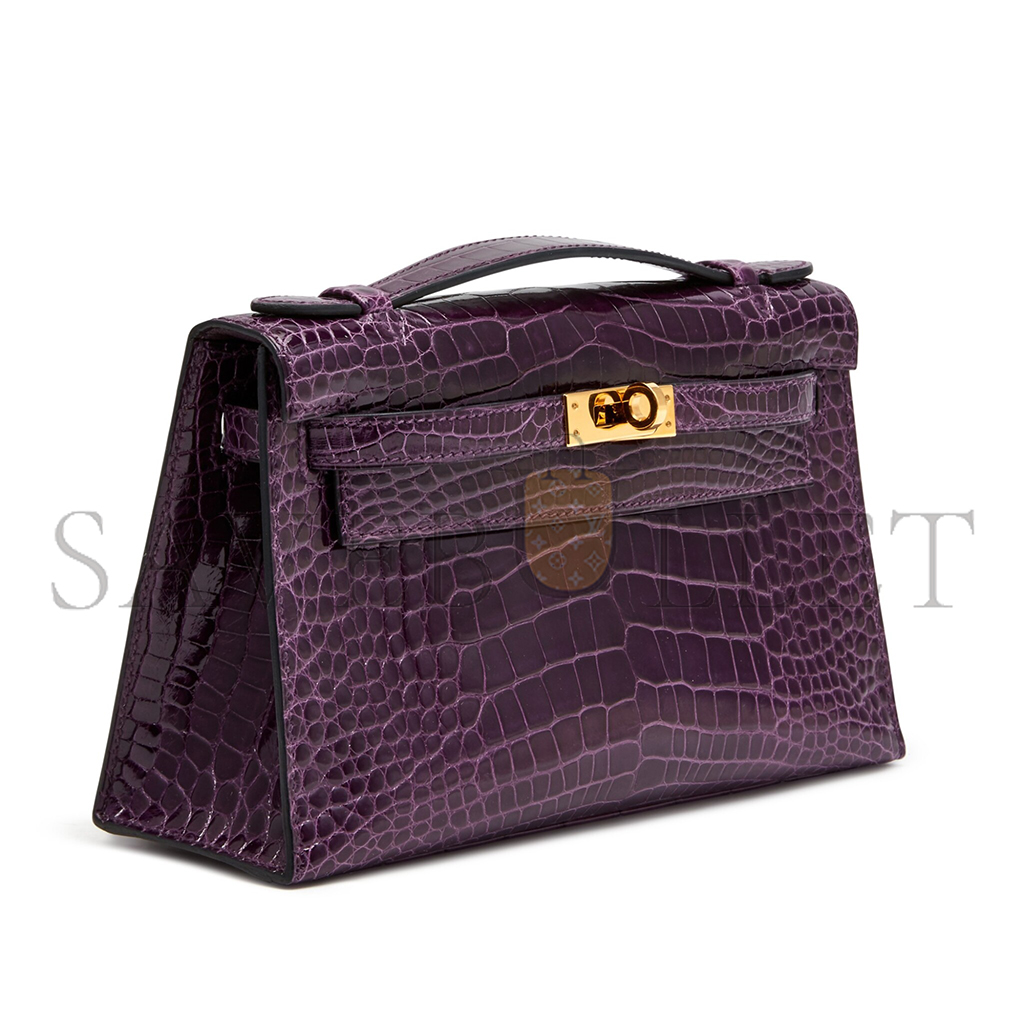 H**mes master amethyst kelly pochette in shiny alligator mississippiensis with gold hardware (22*14*7cm)